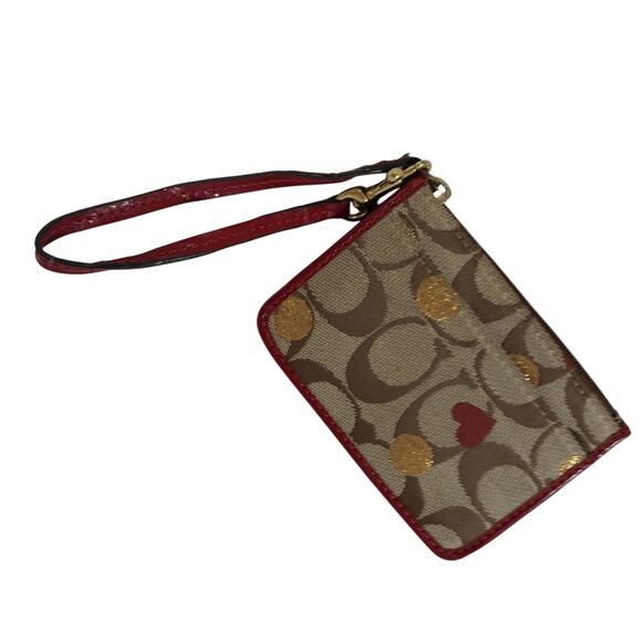 COACH! ADORABLE TAN MONOGRAM W/GOLD DOTS & HEART, RED LEATHER WRISTLET, WALLET! - Picture 10 of 11